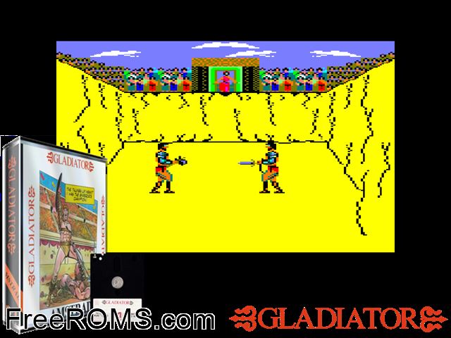 Gladiator (UK) (1986) [h1] Amstrad CPC game showing 3D box cover and gameplay screenshot